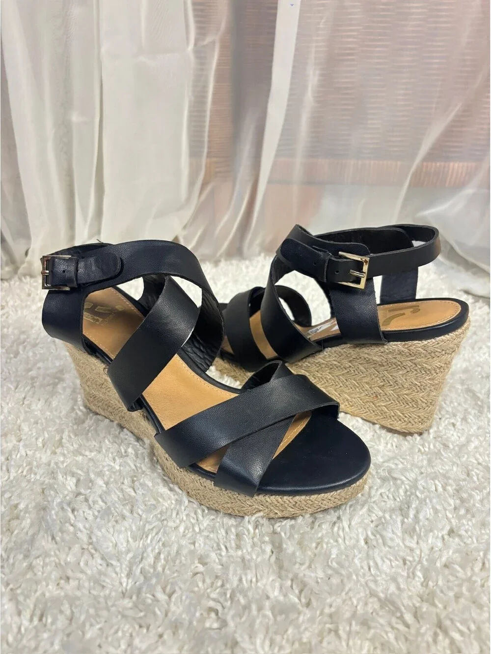 Report Black Espadrille Wedge Sandals Strappy Ankle Buckle Platform Size 8